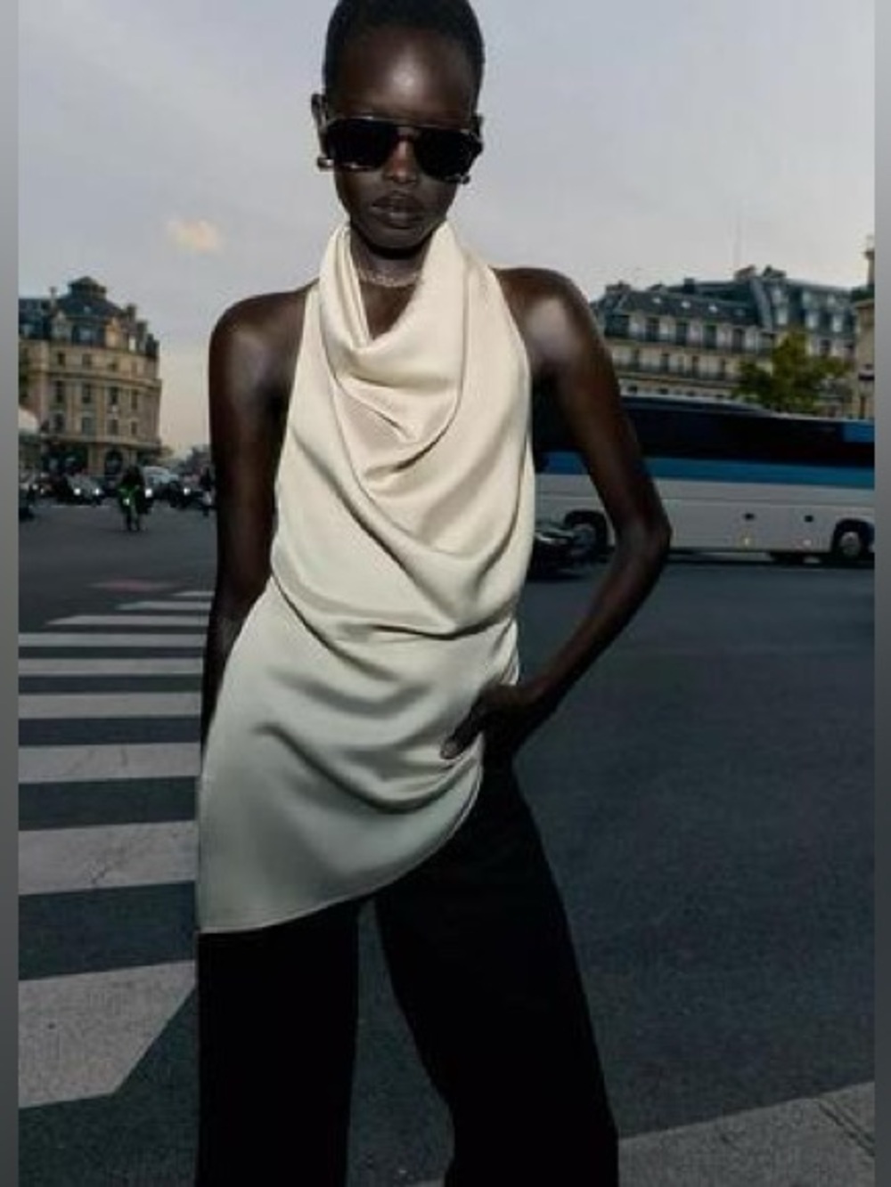 Zara Cream Satin Effect Asymmetric Halter-Neck Open-Back Top. Size S.